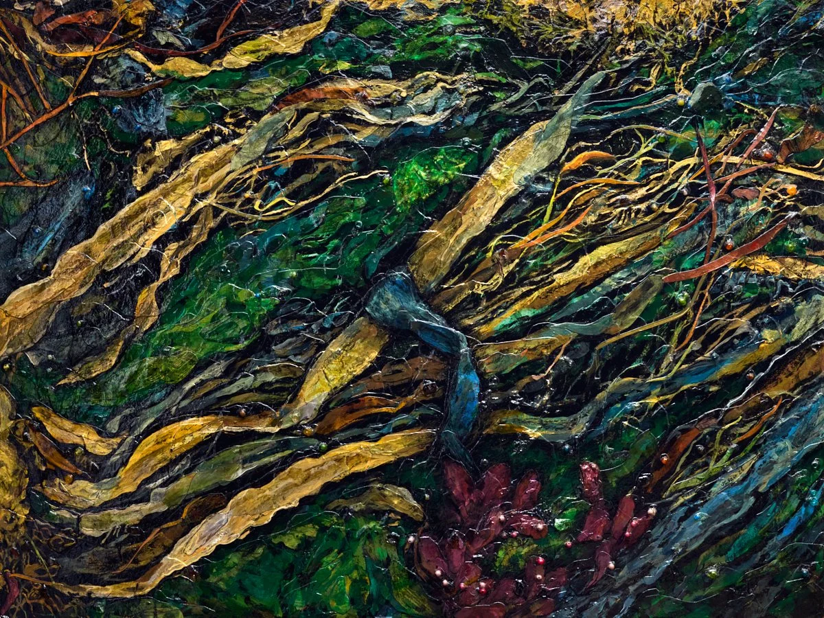 Salish Sea Wrack 5, 2026, (acrylic, painted paper, seaglass, glass beads) on wood panel, 36x48x2” $5000 