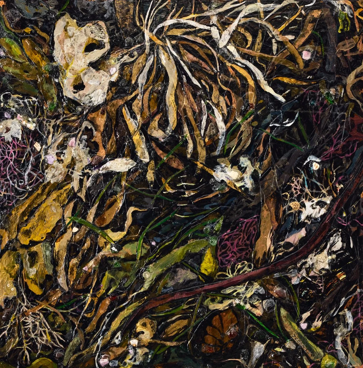 Salish Sea Wrack 4, 2026, (acrylic, painted paper, stones, shells, seaglass, glass beads) on wood panel, 24x24x2”, $2400