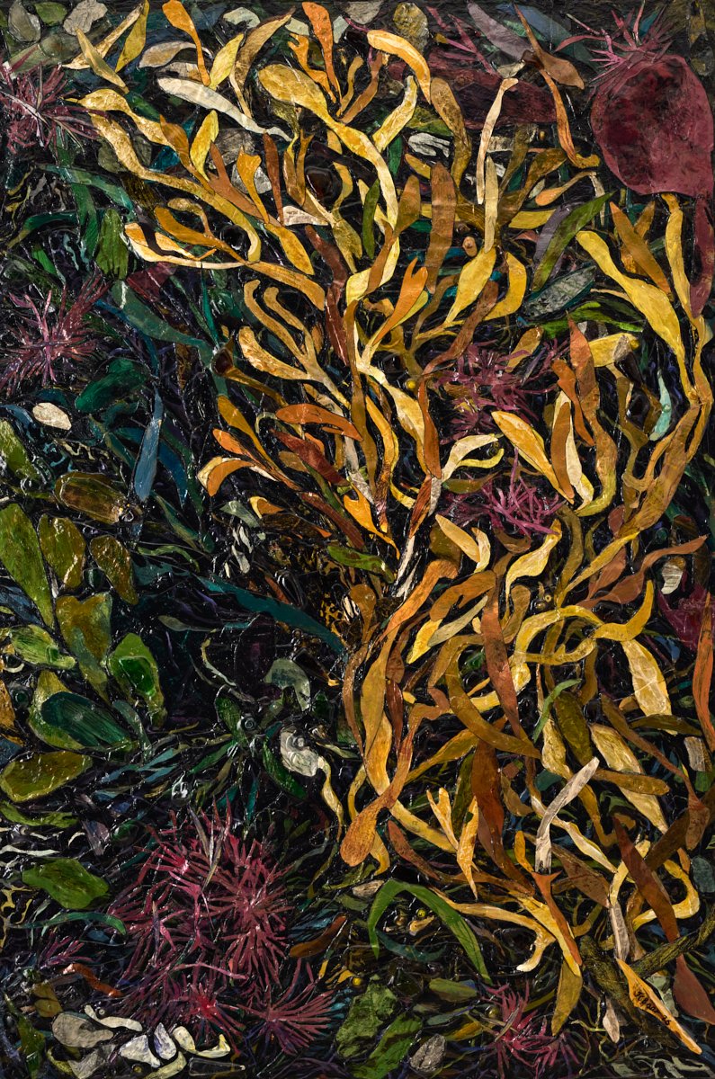 Salish Sea Wrack 2, 2026,  (acrylic, painted paper, stones, shells, seaglass, glass beads) on wood panel, 22x32x2”, $2900