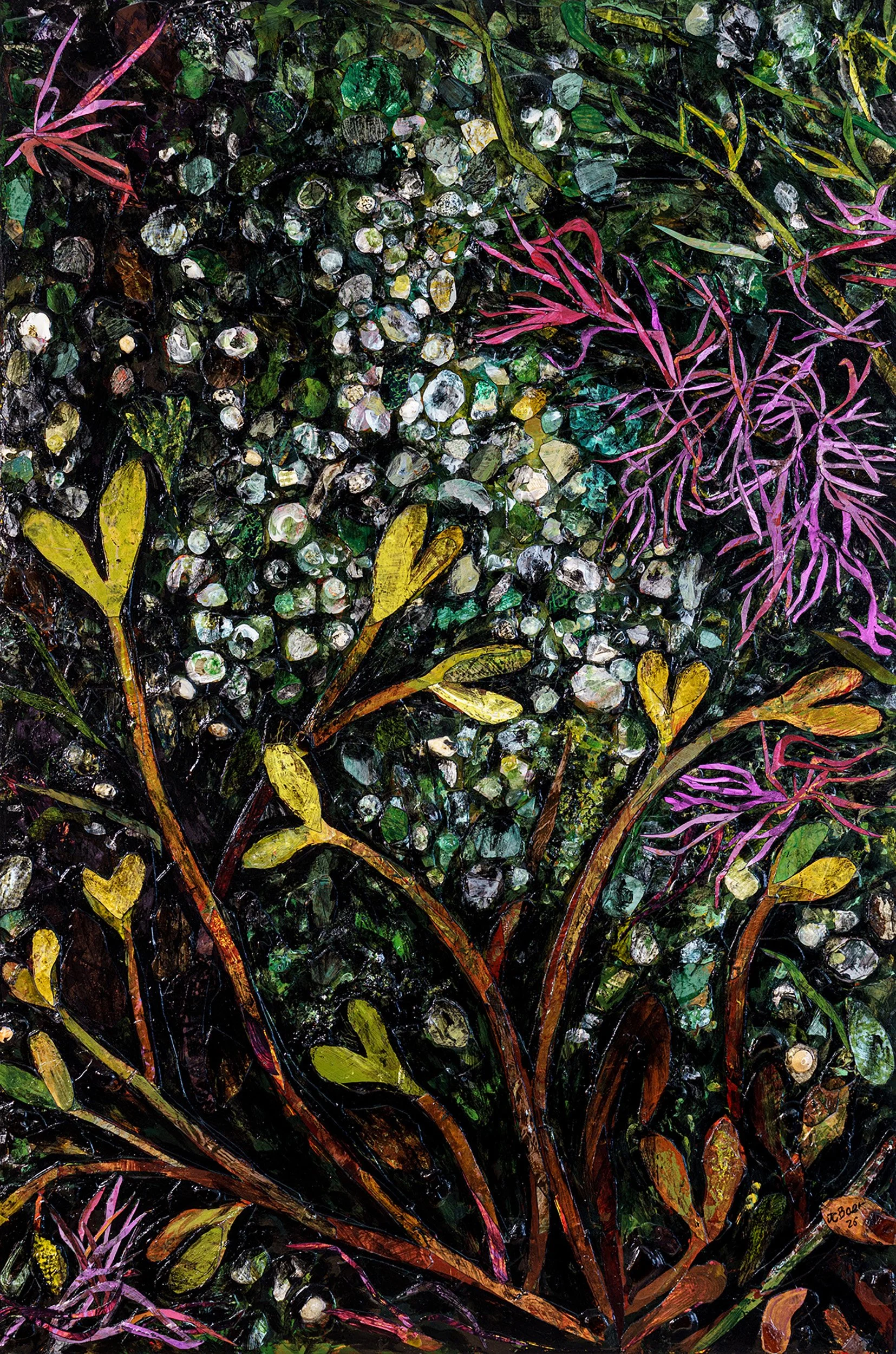 Succulent Seaweed (Sarcodiotheca gaudichaudii), 2026, Mixed media (acrylic, painted paper, stones, shells, seaglass, glass beads) on wood panel, 32x22x2”, $2900 