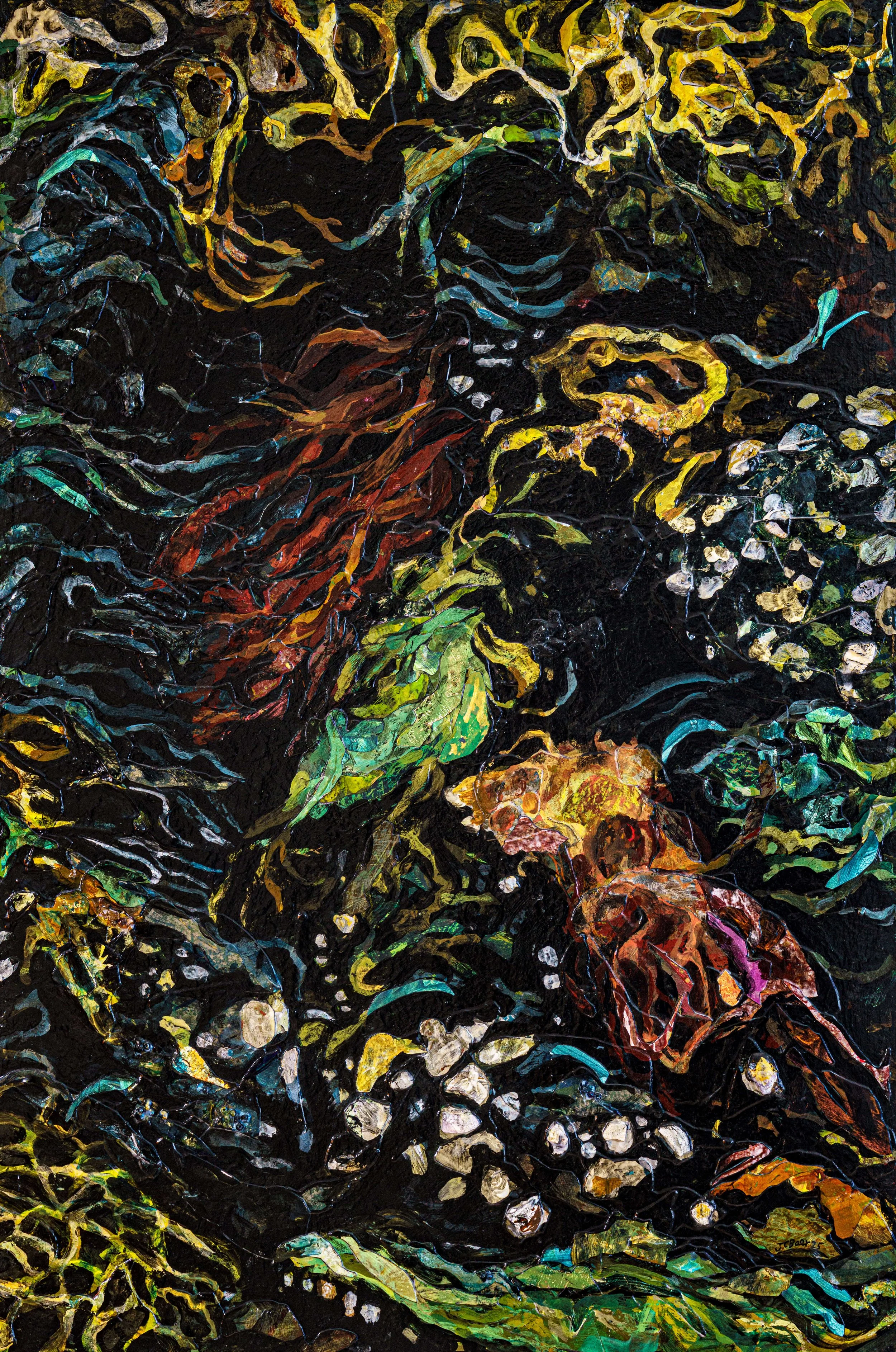 Salish Sea Tidepool, 2025, Mixed media (acrylic, painted paper, stones, shells, seaglass, glass beads) on wood panel, 32x22x2”, $2900 