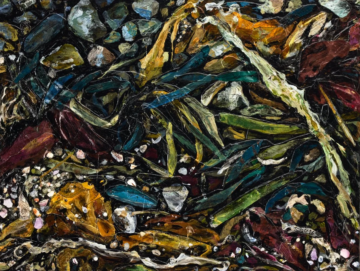 Salish Sea Wrack 6, 2026, Mixed media (acrylic, paper, seaglass, glass beads, shell fragments) on wood panel, 18x24x2” $2000 (photo credit: Ryan Duclos)