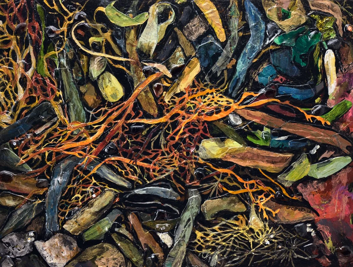 Salish Sea Wrack 7, 2026, Mixed media (acrylic, paper, seaglass, glass beads, shell fragments) on wood panel, 18x24x2” $2000 (photo credit: Ryan Duclos)