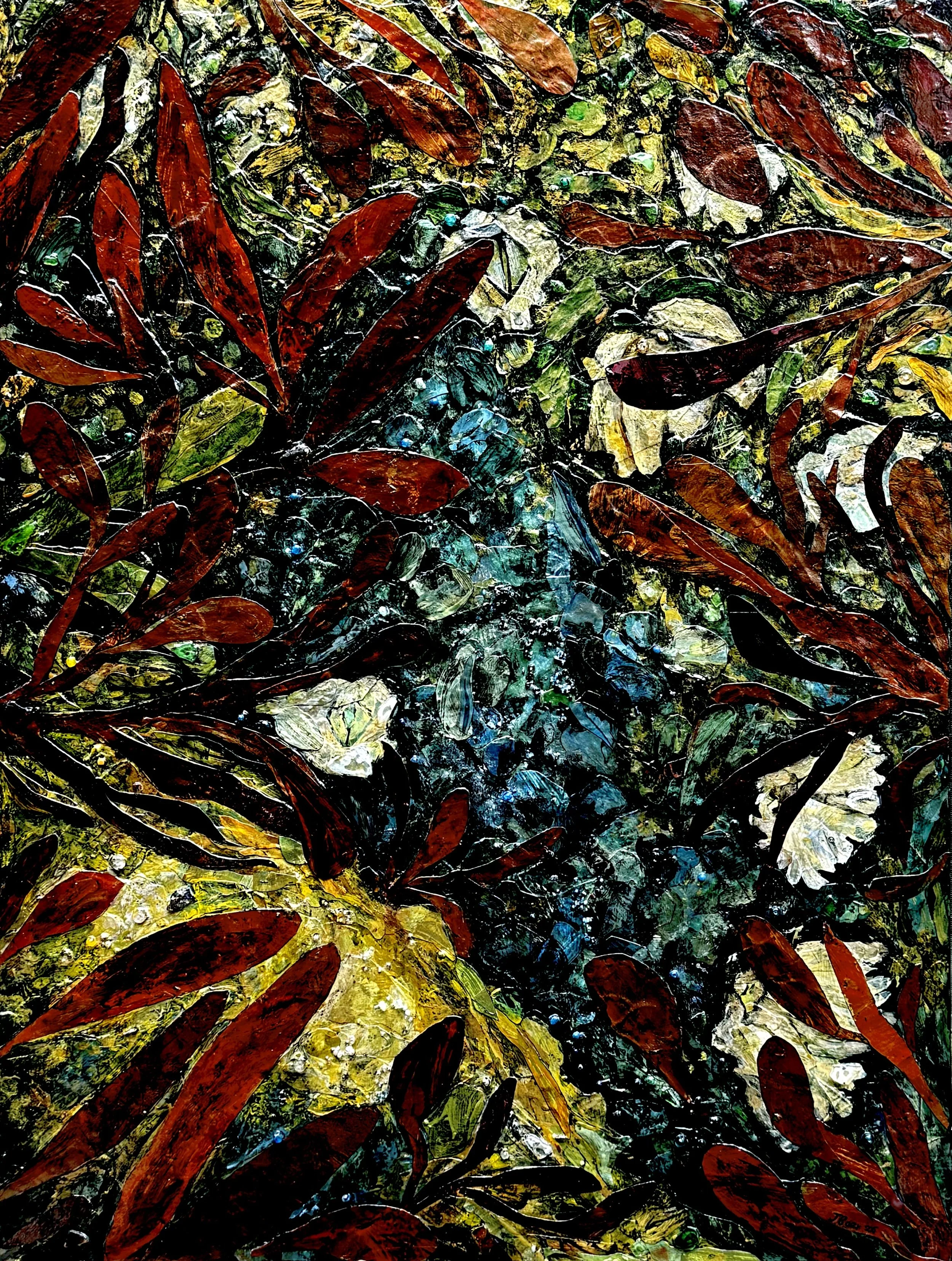 Bleach Weed (Prionitis lanceolata), 2026, Mixed media (acrylic, paper, sea glass, glass beads) on wood panel, 40x30x2”, $4000