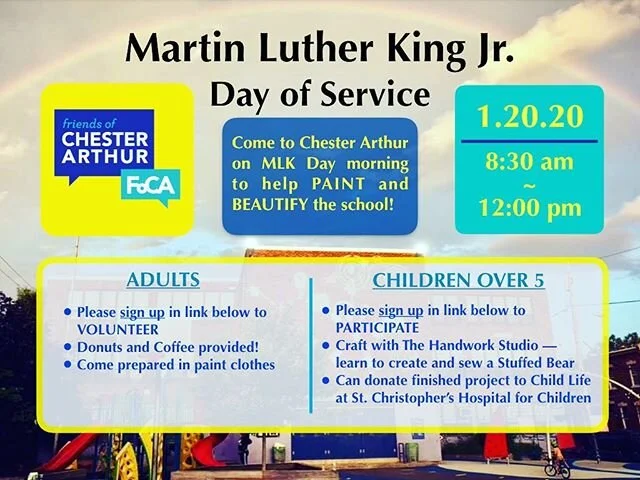 ONE MORE DAY TO SIGN UP!  Go to: www.friendsofchesterarthur.org/mlk-painting-signup 
Help improve Chester Arthur Elementary School, and let your kids learn how to make a teddy bear with @thehandworkstudio. See you tomorrow at 8:30 am!!