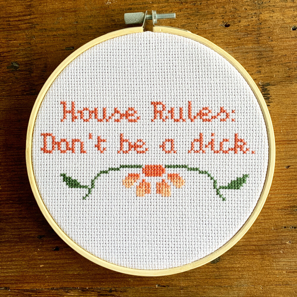 House Rules Finished Cross Stitch Hoop — Barbara Sueko McGuire