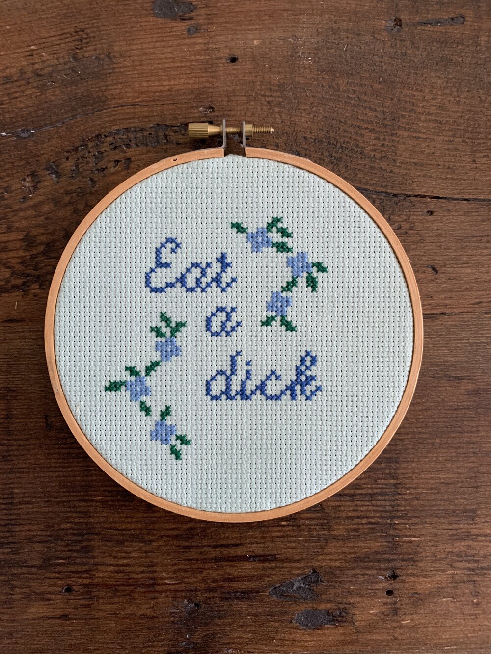 Eat a Dick Finished Cross Stitch Hoop — Barbara Sueko McGuire