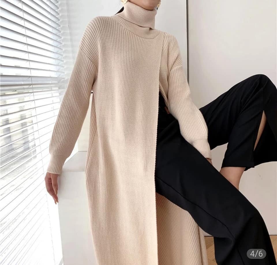 Vent Long Knitting Sweater Loose Fit Turtleneck Long Sleeve Women Pullovers...