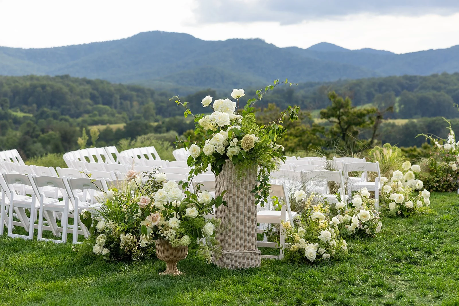 flowers in rattan vessels wedding Charlottesville Virginia