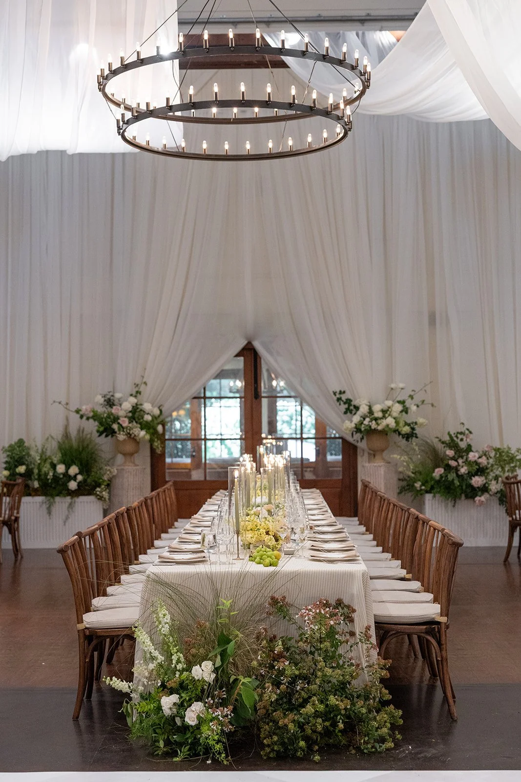 pippin hill granary wedding soft white draping and neutral florals