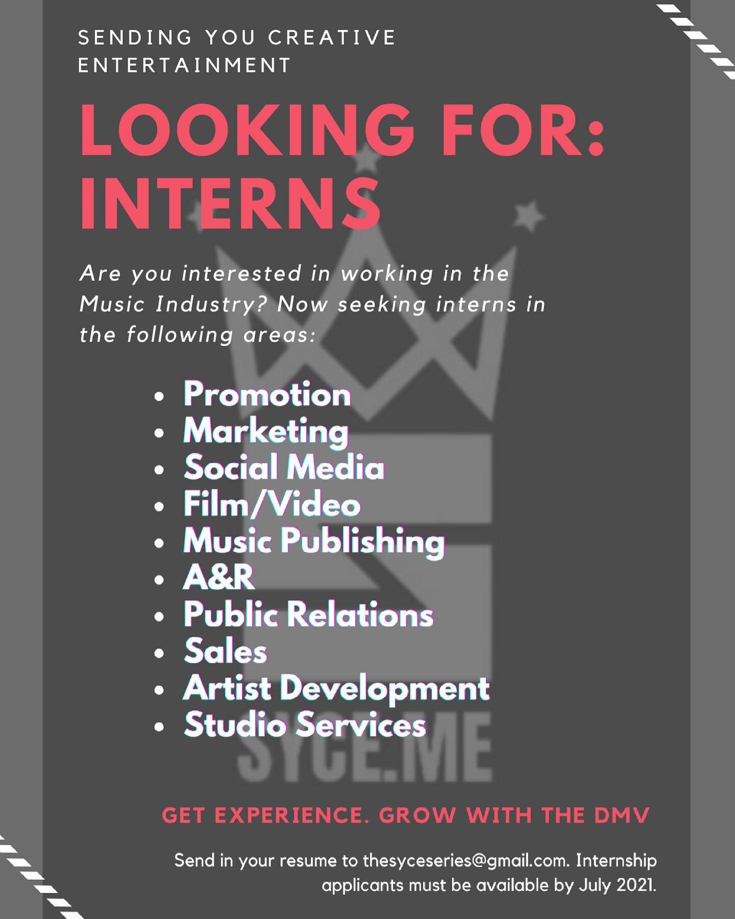 Are you interested in becoming an intern with a Black-Owned DMV based 100% Independent Record Company? Send your resume and sample work to thesyceseries@gmail.com. College Students and recent College graduates preferred... 🎓🎓