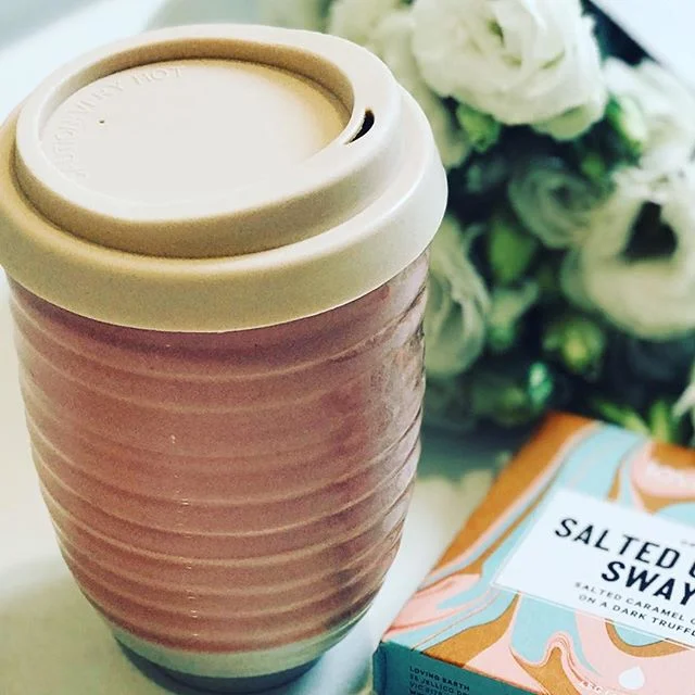Reducing plastic use is so important for the future. One way to do this is to take your own reusable bags to shop and also have your own takeaway cup. 
Treating myself today to this gorgeous new ceramic cup from @boatshedmarket and salted caramel chocolate from Loving Earth. 
No reason for reusable to not be pretty!