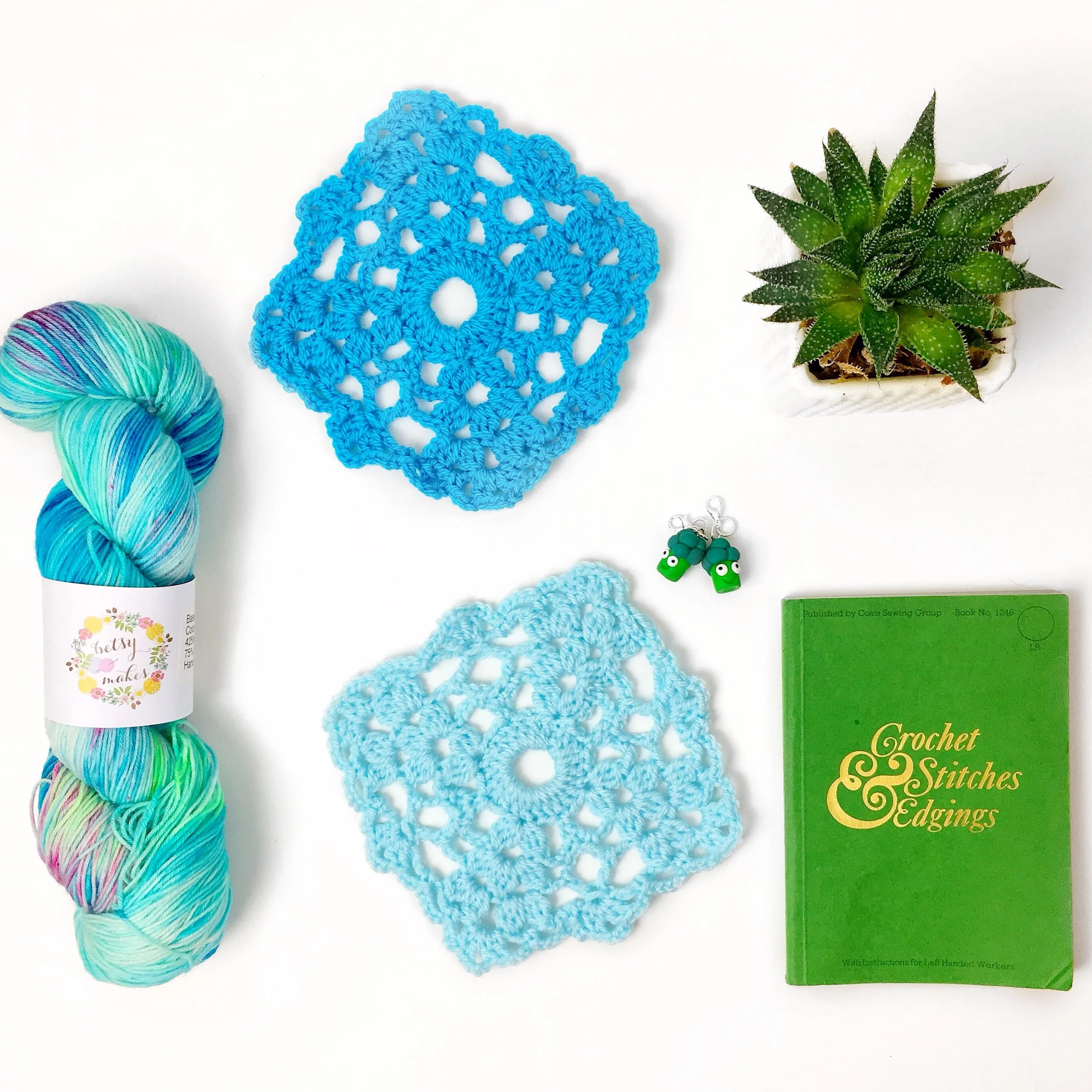 Aegean Sea from Betsy Makes, Broccoli Stitch Markers from Jibbyroosews on Etsy