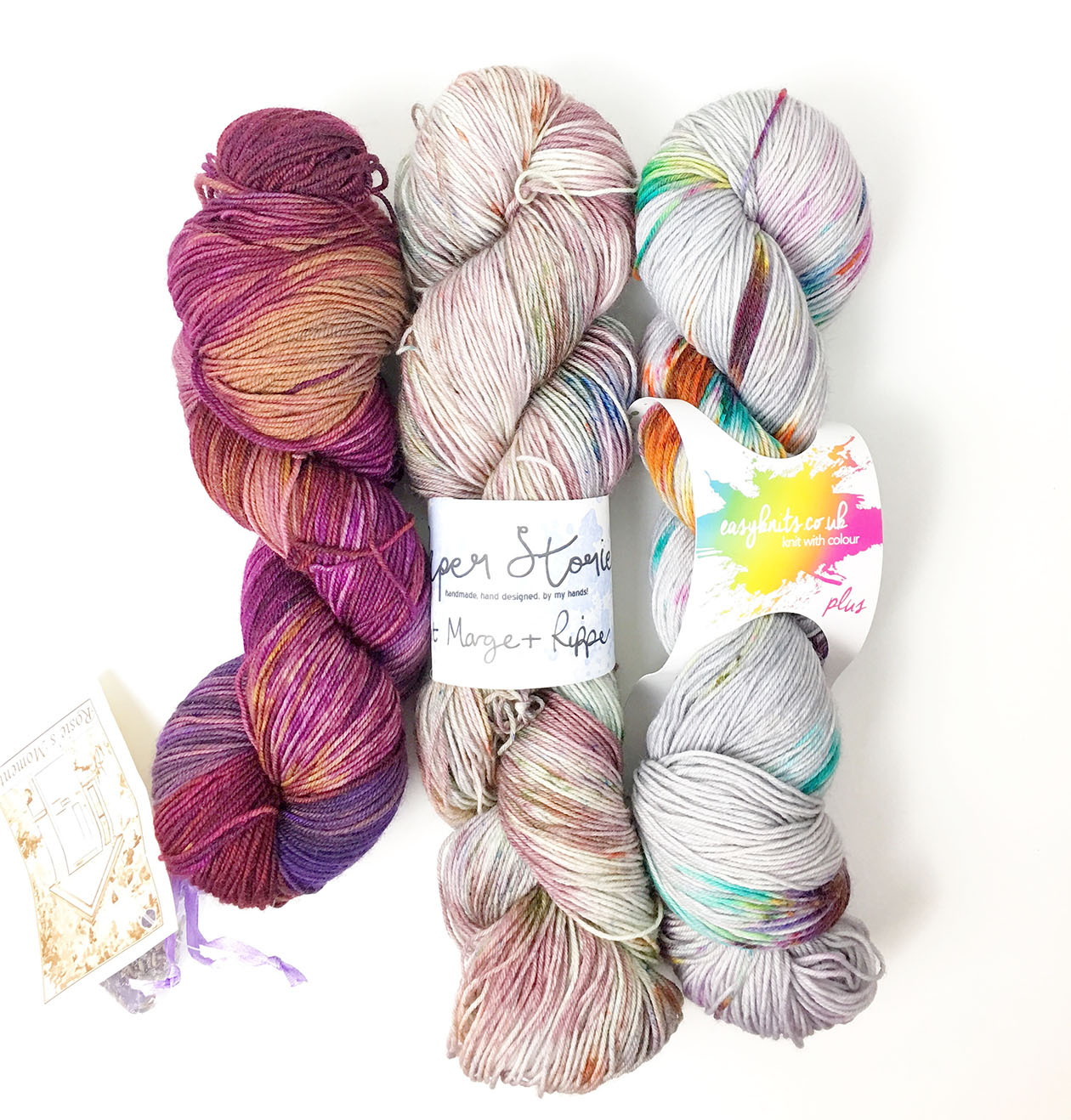l-r - Rosie's Moments Aubergine, Paper Stories Aunt Marge and Ripper, Easy Knits Dark Nebula