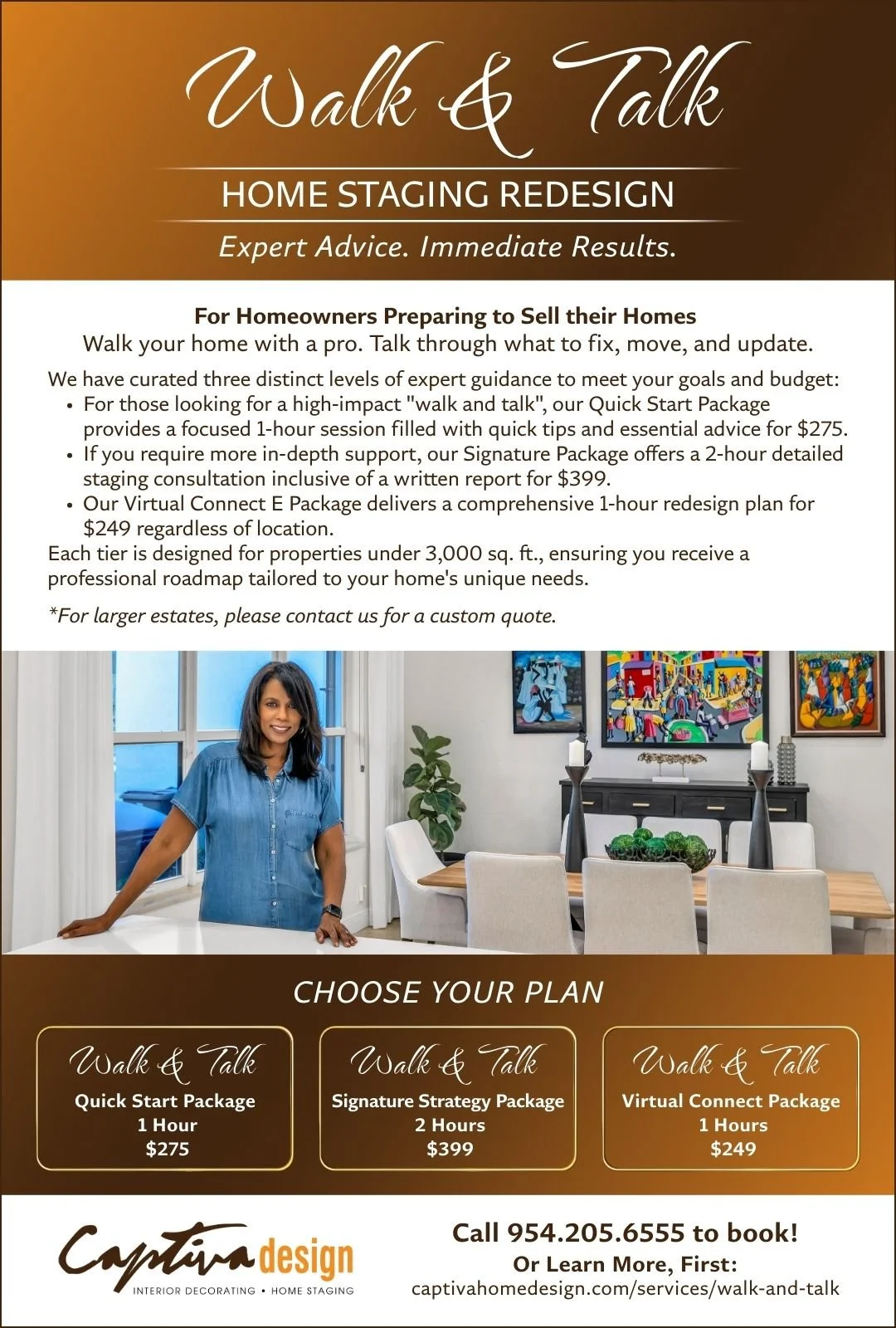 Flyer advertising Captiva Design's new service, Walk & Talk. Features a photo of Bridget King in denim dress, details about the services including 3 packages, all over orange and brown gradient background.