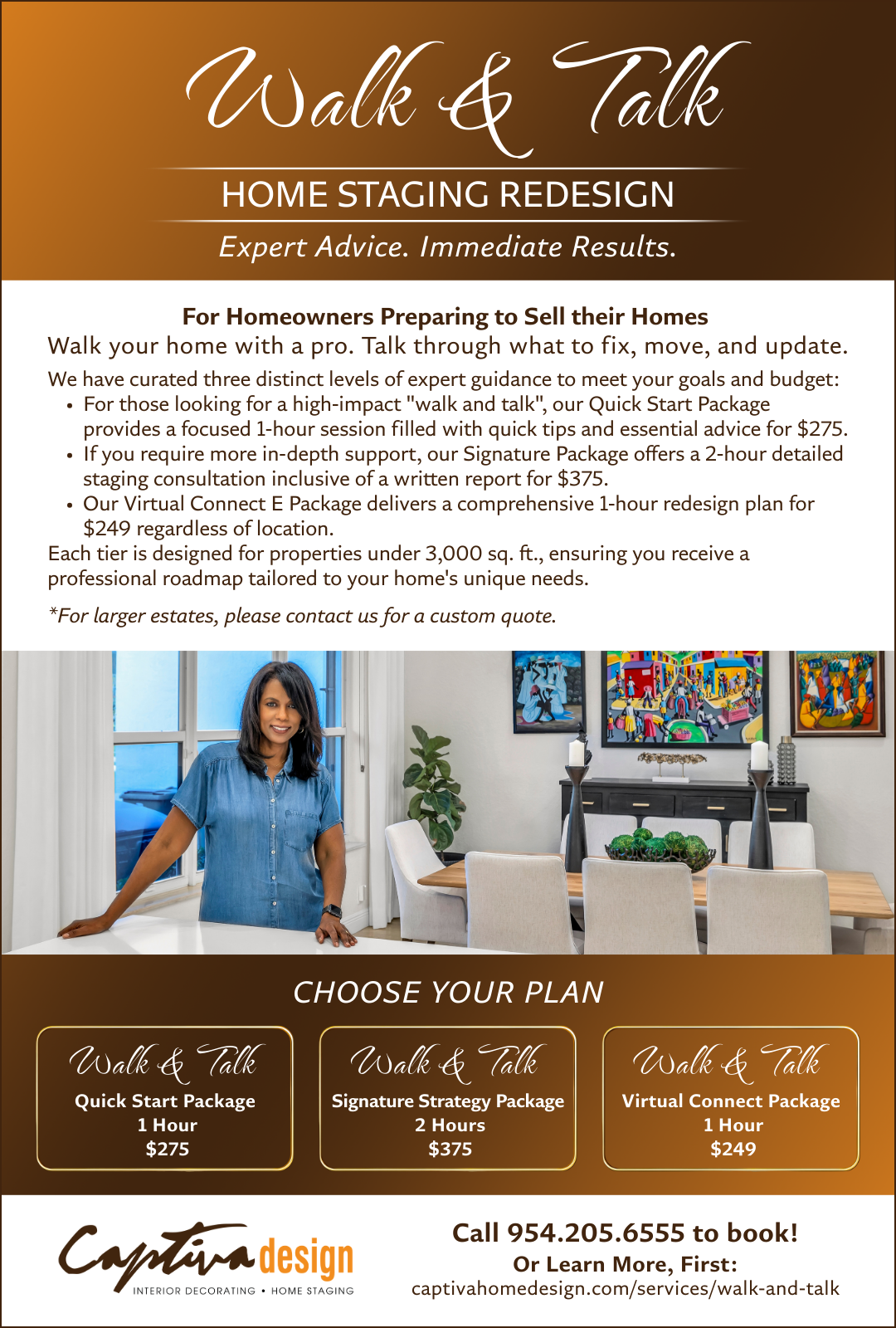 Flyer advertising Captiva Design's new service, Walk & Talk. Features a photo of Bridget King in denim dress, details about the services including 3 packages, all over orange and brown gradient background.