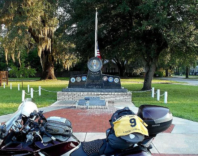 FL2 - Union County Veterans Memorial Lake Butler, Florida 325 W. Main St. GPS: 30.02315, -82.34087 Access: 24/7, unrestricted. Parking is available directly in front of the memorial, traffic permitting. Close ADA access is available via sidewalk from adjacent NW 3rd Ave. Take a photo similar to the one above, along with rider flag and motorcycle. Refer to RULES 5-7 ( http://www.tourofhonor.com/pages/rules.html#rules57 ) for photo verification. Scorers have final say whether standards are met. More.... Emblazoned with emblems of the different branches of the military, this monument stands above a stone with the names of local veterans who lost their lives in WWI, WWII, Korea, Lebanon, Vietnam, and Panama (23 U.S. casualties in Panama, according to Wikipedia). Made in America: Lake Butler was birthplace of Jay North (Dennis the Menace)