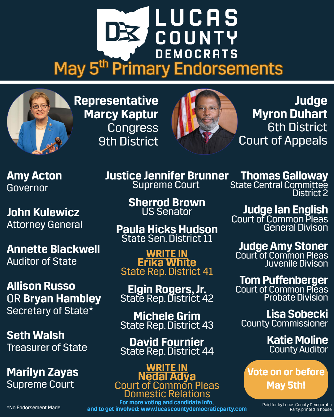 image of endorsed democratic candidates in Lucas County Ohio 2026 Primary