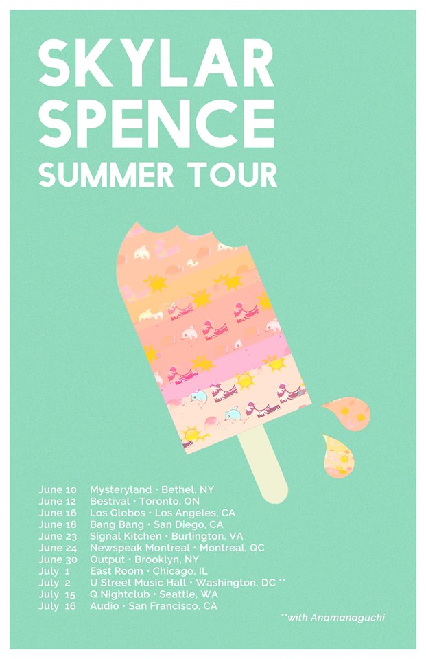 Just announced! Catch Skylar Spence on tour this summer. June 10th - Bethel, NY - Mysteryland Festival Jun 12th - Toronto, ON - Bestival June 16th - Los Angeles, CA - Los Globos June 18th - San Diego, CA - Bang Bang June 23rd - Burlington, VA - Signal Kitchen June 24th - Montreal, QC - Newspeak Montreal June 30th - Brooklyn, NY - Output July 1st - Chicago, IL - East Room July 2nd - Washington, DC - U Street Music Hall July 15th - Seattle, WA - Q Nightclub July 16th - San Francisco, CA - Audio