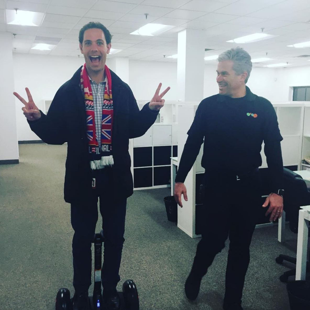 Dr. Michael Goldberg (left) and Joseph Kahn (right) testing out a Segway at the LINX Camps office after a Board meeting in 2016