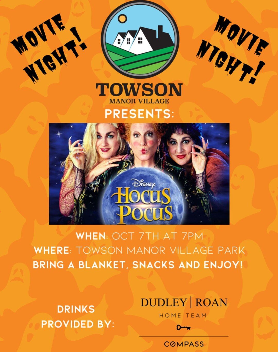Fall Movie Night is back! Join us Saturday, 10/07 at7PM in the TMV park for a spooky screening of "Hocus Pocus", sponsored by @dudleyroanhome !