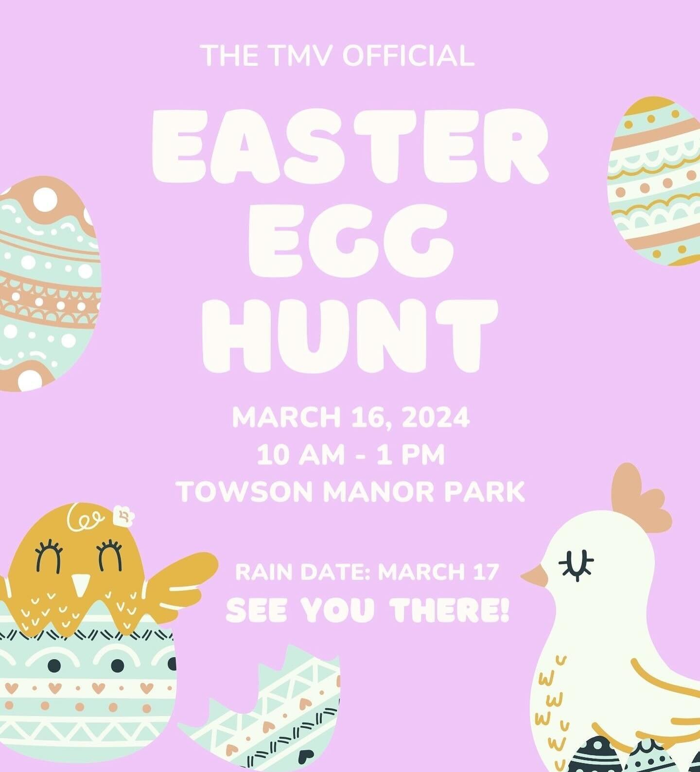 Hold onto your baskets! The first official community Easter Egg hunt is ON 🐣 

Sign up your littles by going to towsonmanorvillage.org and click the flyer on the main page or text Sara at 610-216-0968. We want to make sure our head bunny drops plent