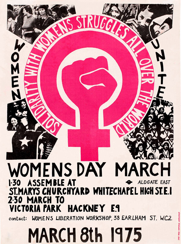 Women’s Day March poster from the Womens Liberation Workshop in London. Author: Womens Liberation Workshop in London • Wikimedia Commons