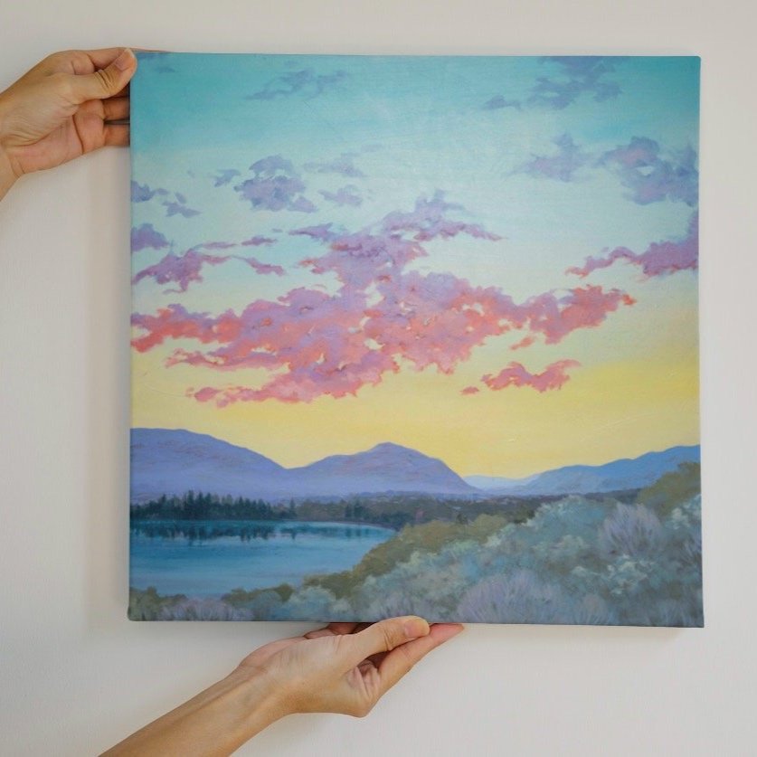 Fine art print of an Okanagan Masterpiece, this piece features a view of Skaha Lake Park at sunset, from Finnerty Road. Penticton Okanagan Finnerty Endrené Endrene fine art Canadian artist