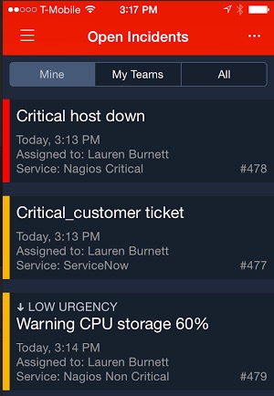 PagerDuty iOS app with high- and low-urgency incidents