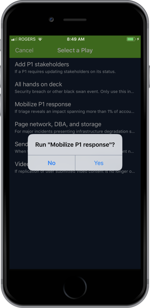 Run a response play from either the iOS or Android app (iOS app shown here)