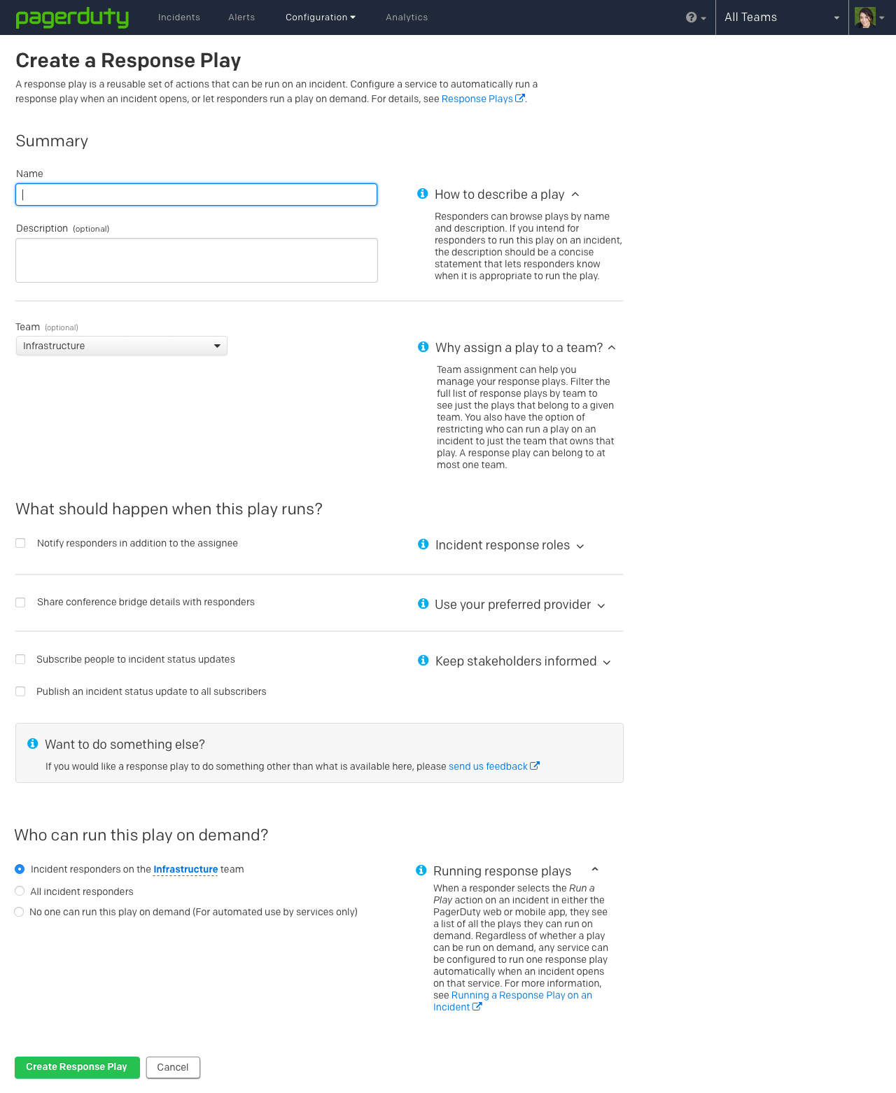 Mock-up of the "Create a Response Play" form