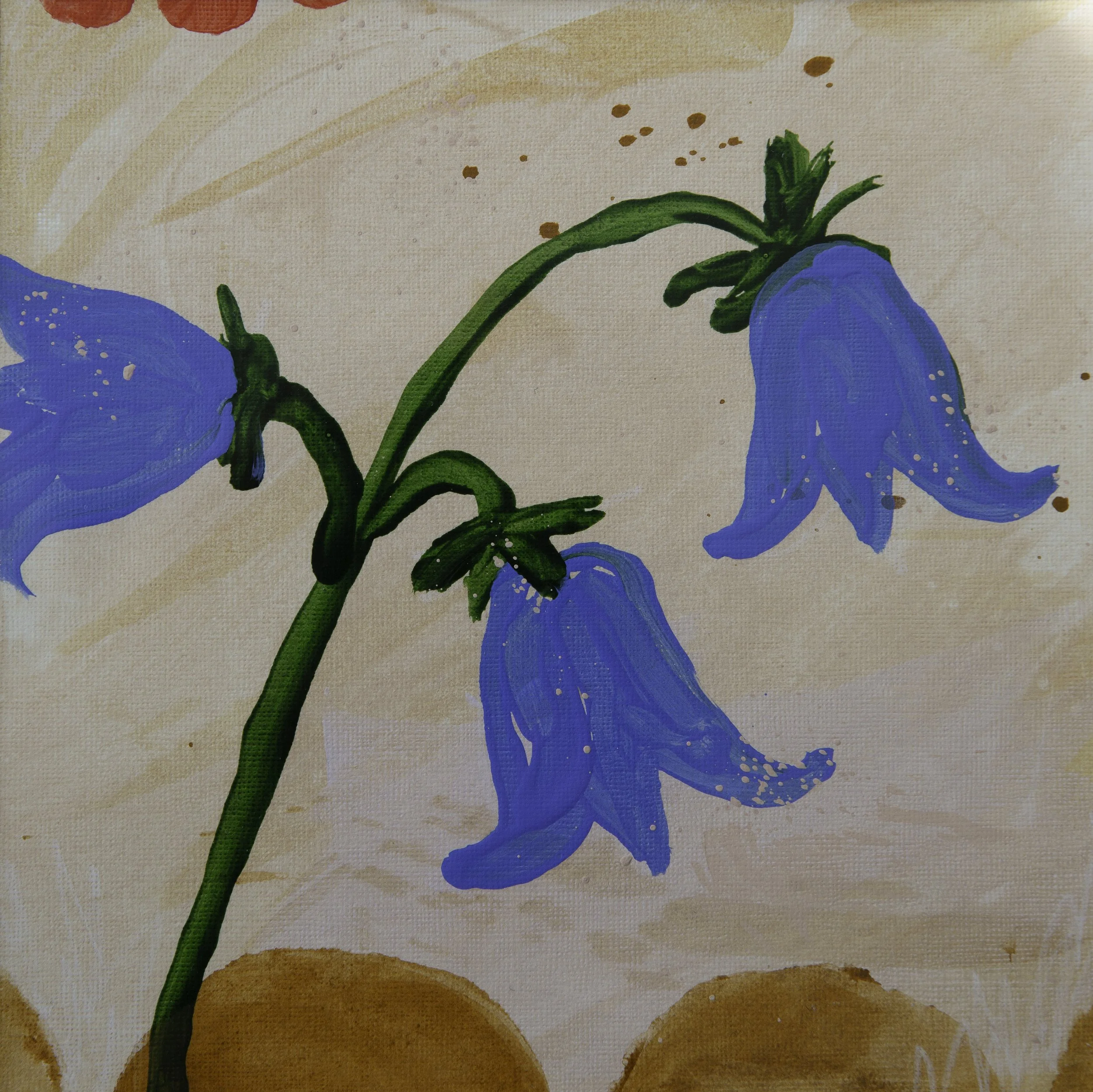 Detail of an original acrylic painting by Sonja Dahlgren of three expressive bluebells on a yellow ochre background