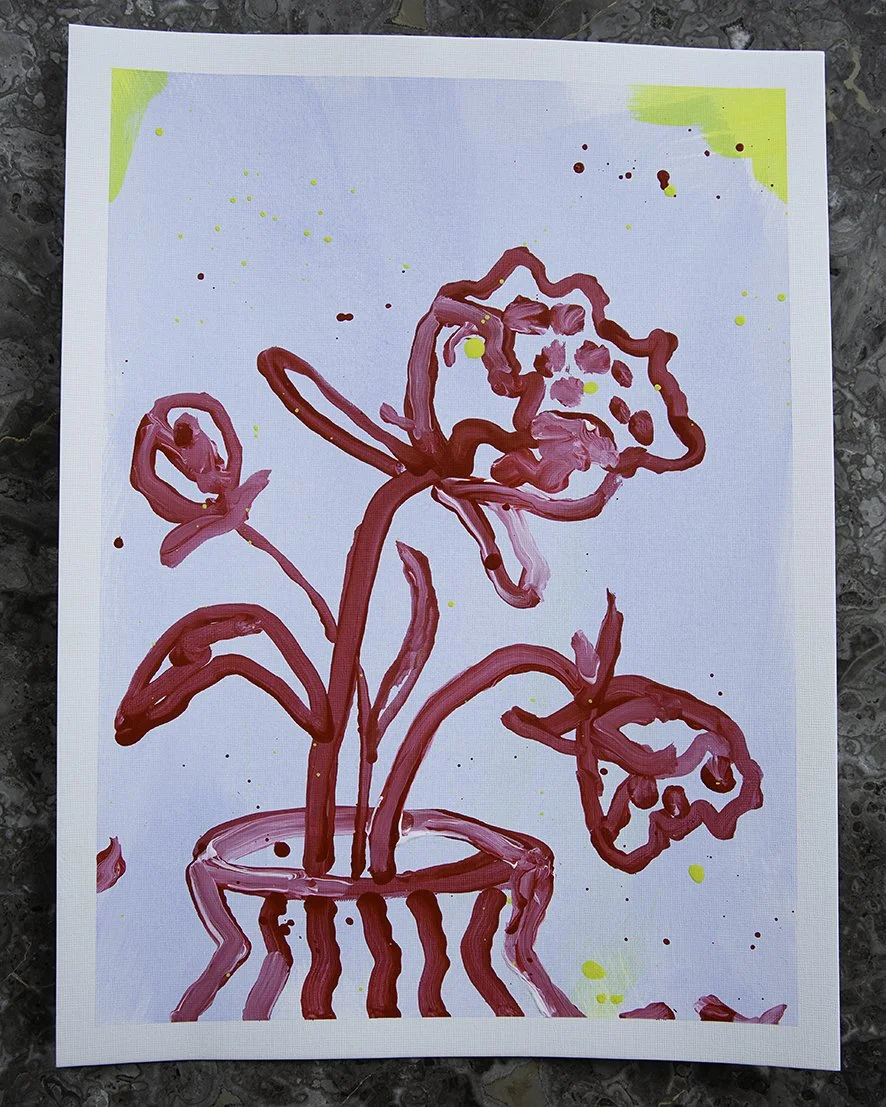 Abstract expressive painting of red flowers on a blue background