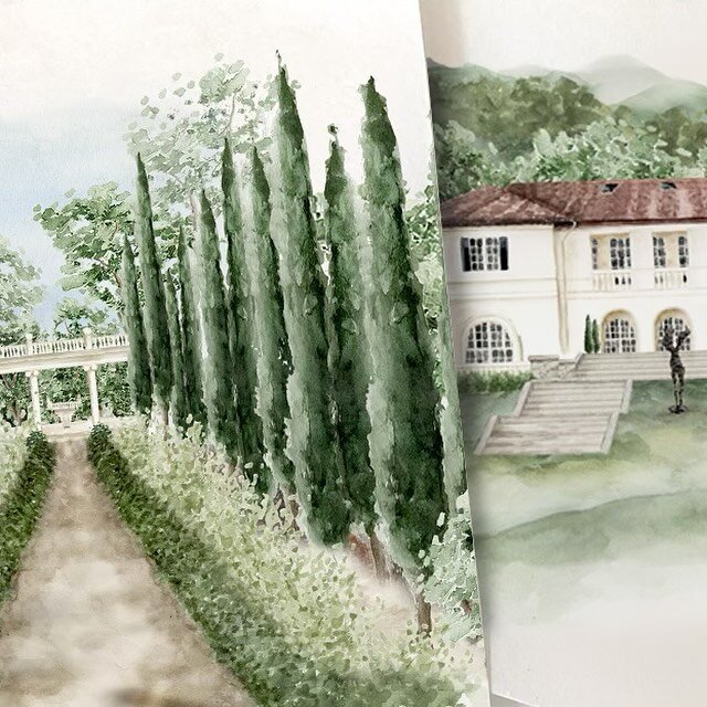 Can&rsquo;t wait to turn these venue paintings of the dreamy @montalvospecialevents into a gatefold and envelope liner for my bride. Would you believe me if I told you this is in not in Italy, but California?! 😍😍😍