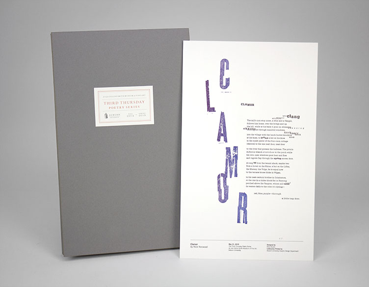  CLAMOR POEM by Nick Norwood  JCSM Poetry Broadside // This broadside was letterpress printed using a split fountain of a blue and red ink for the display text and grey for the main body. // design    