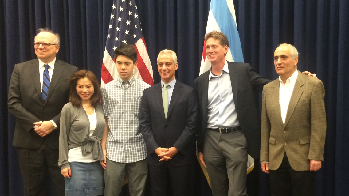 From left: Bill Brock, Jennifer Stevens, Matt Stevens, Mayor Rahm Emanuel, Jon Winick, Dmitry Gurevich