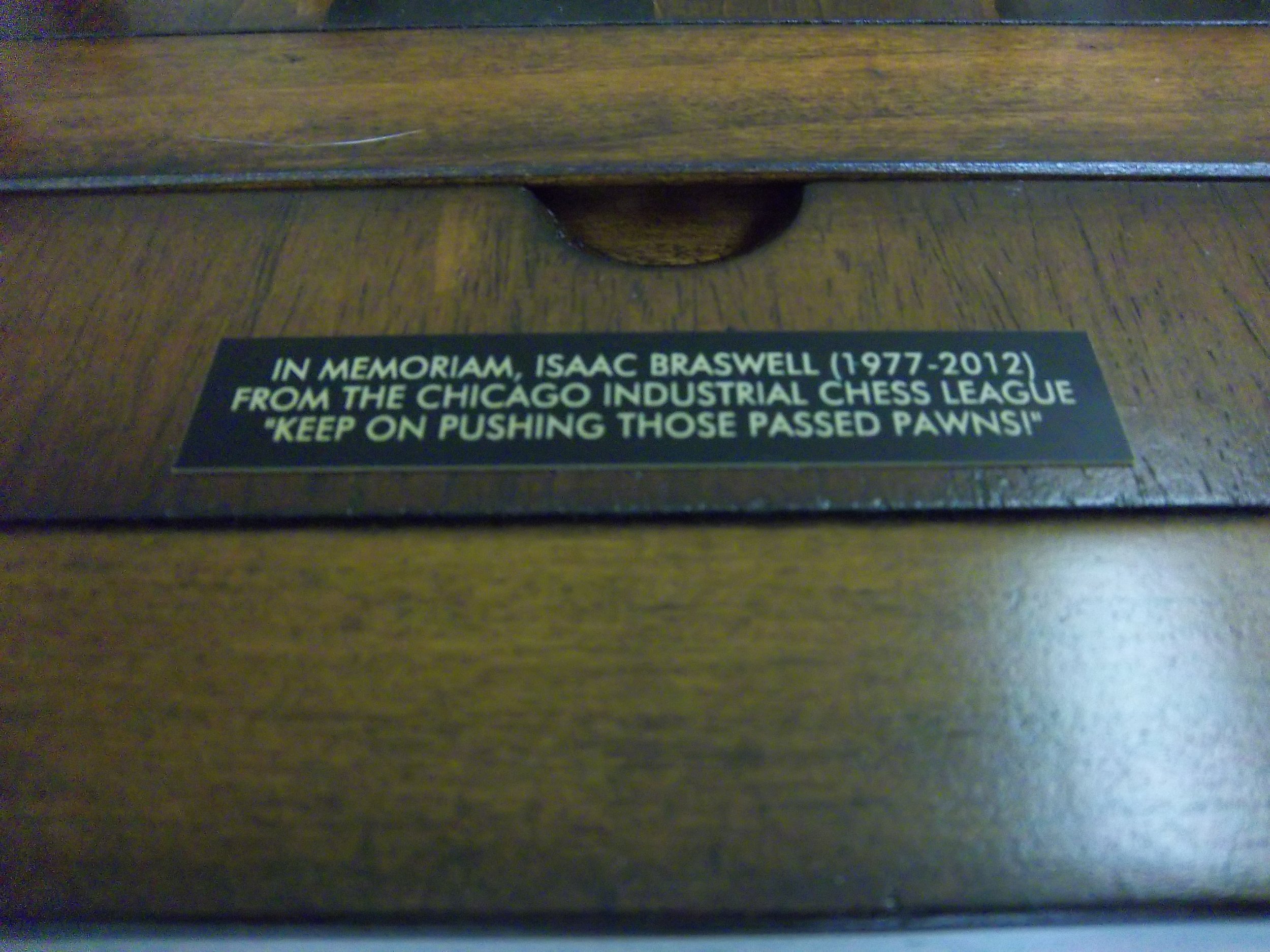 The Braswell chess table at Lawson House, presented by the Chicago Industrial Chess League. 