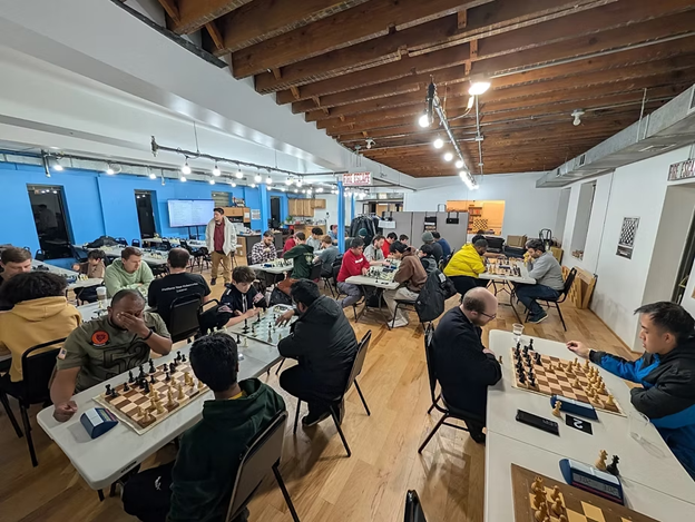 Chicago chess tournament with players competing in the Loop