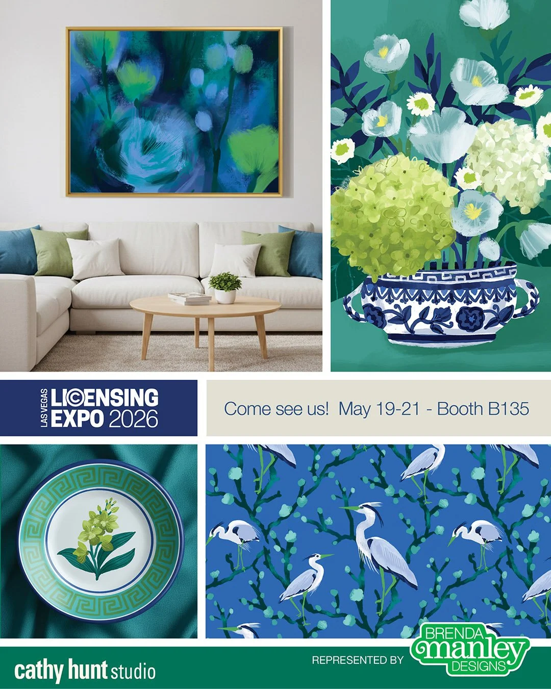 My agent @brenda_manley_designs will be at the @licensingexpo in Las Vegas May 19-21! Stop by booth B135 and say hello &ndash; We would love to connect! #licensingexpo2026 #surfacedesign #illustration #patterndesign #surfacepatterndesign #chinoiserie