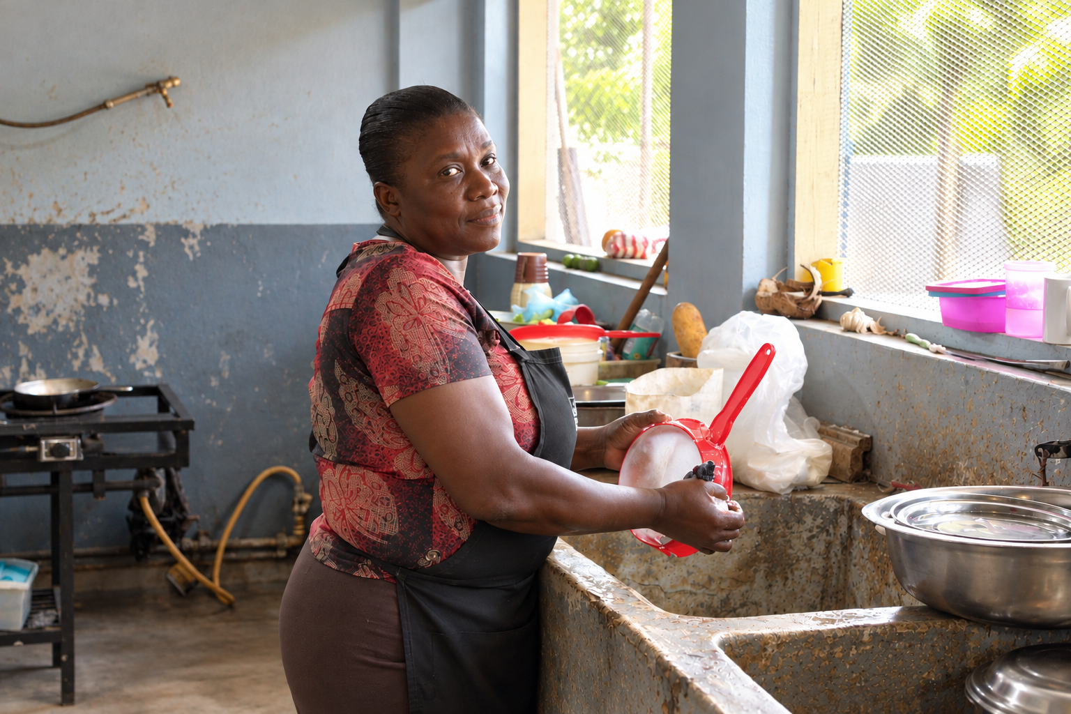Woman Washing a Red Strainer.png