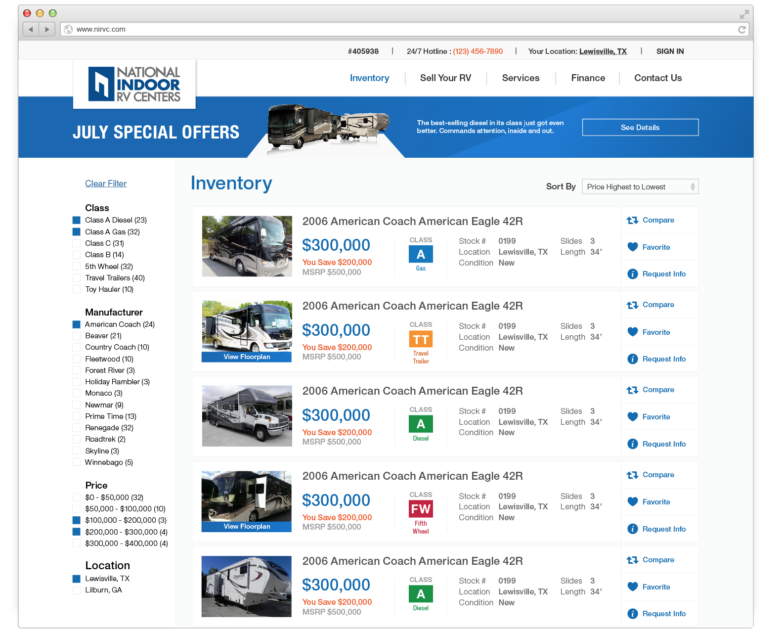 Multi-listing page where you can browse and buy RVs