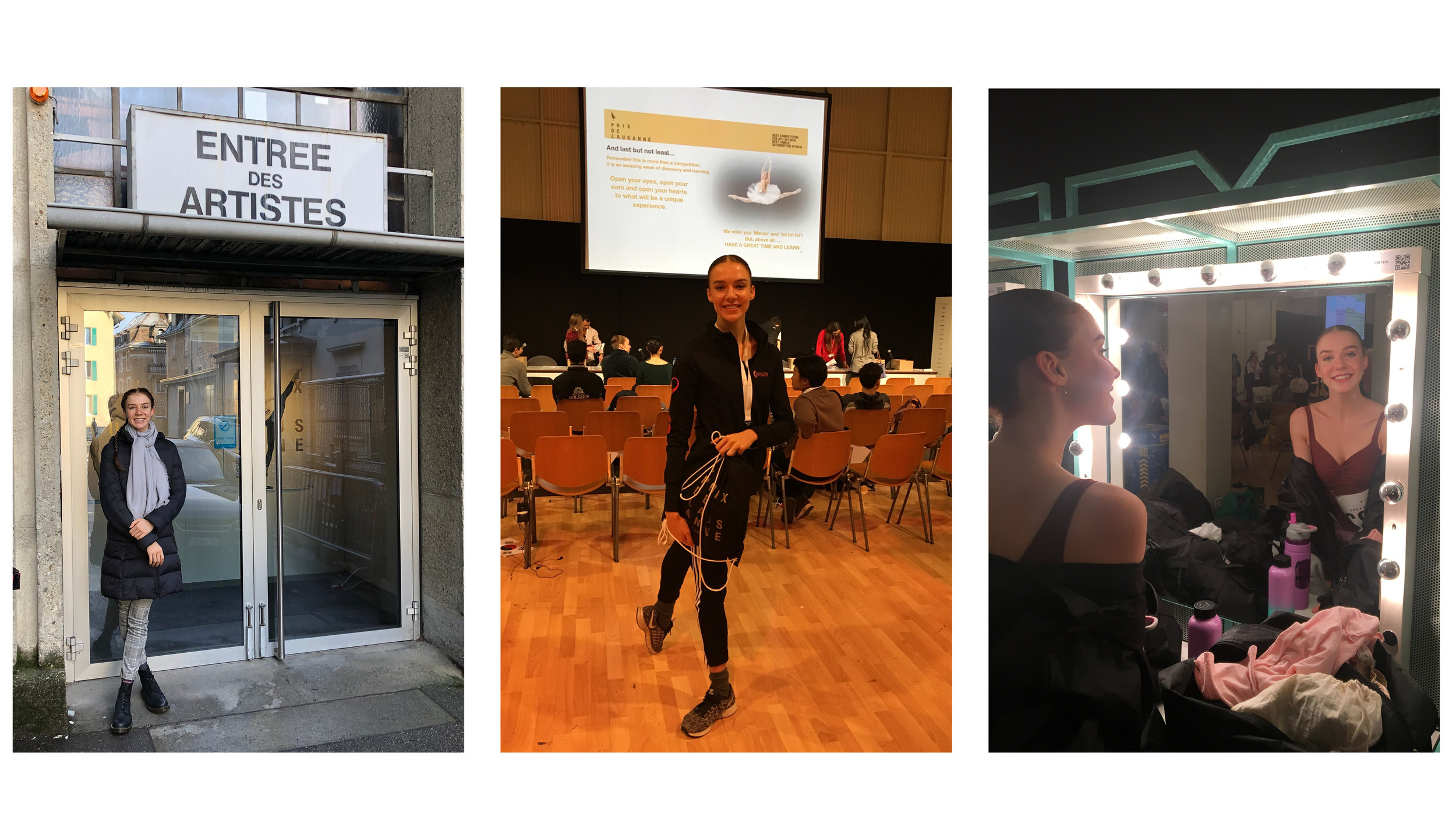 1.outside theatre de beaulieu 2. registration day 3. dressing room
