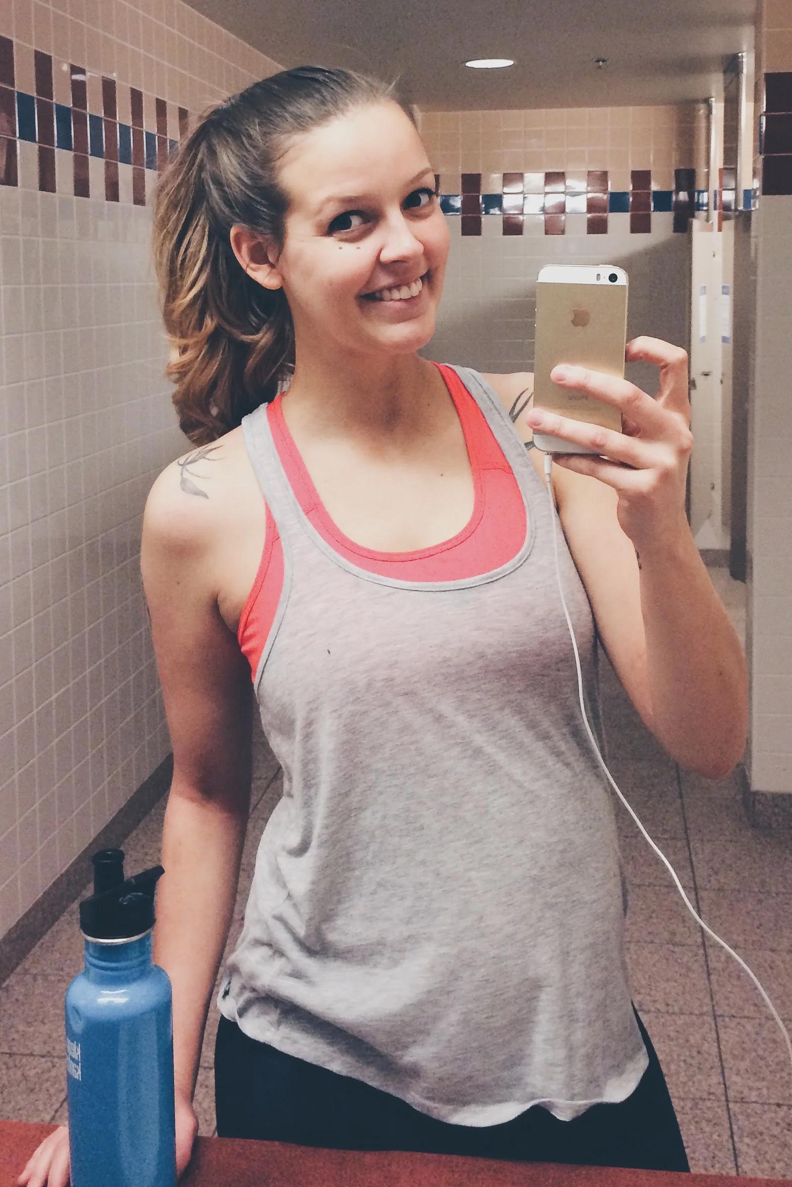 Here is me getting back into working out after I DON'T KNOW A VERY LONG TIME. Those black dots on my face are the hazard of dirty-mirror selfies.