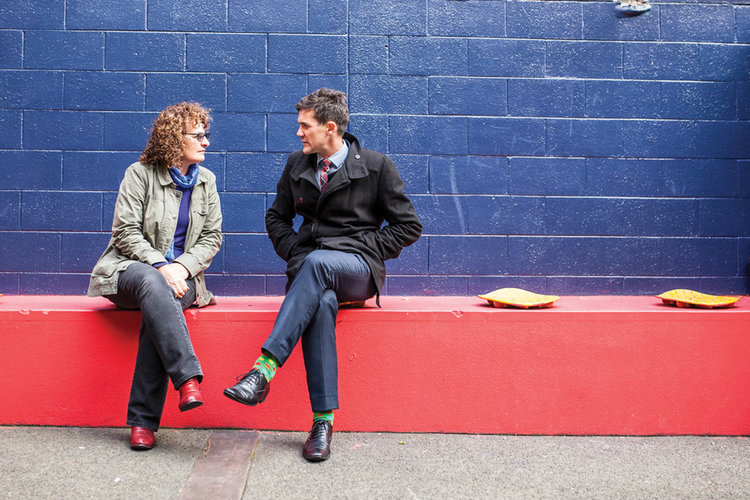 Stephanie McIntyre and Wellington Mayor Justin Lester talk outside DCM's building on Lukes Lane