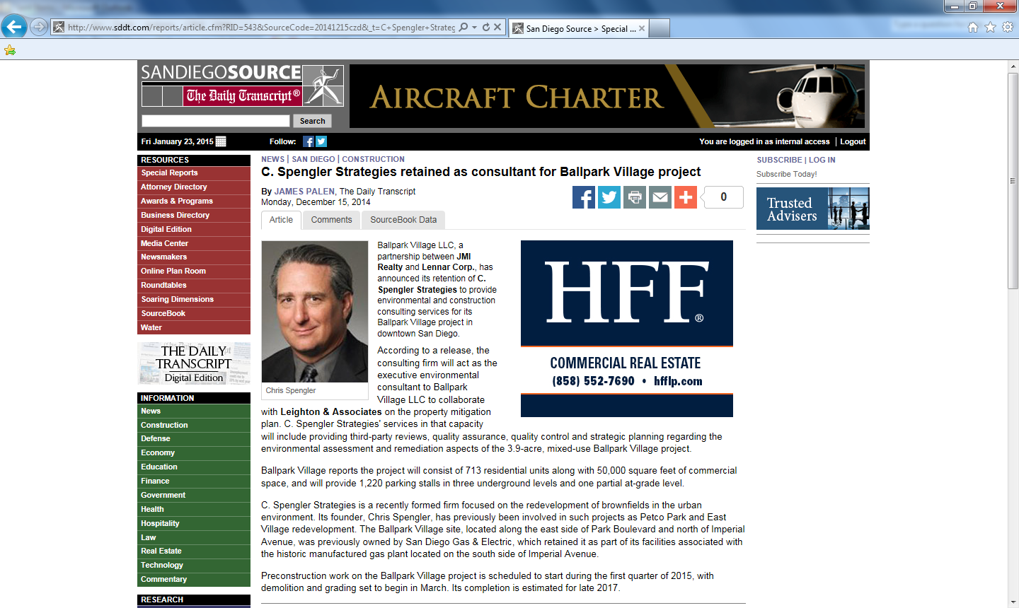My press release for the work on the Ballpark Village was published in the San Diego Daily Transcript's website on December 15, 2014 and in print on December 16, 2014.