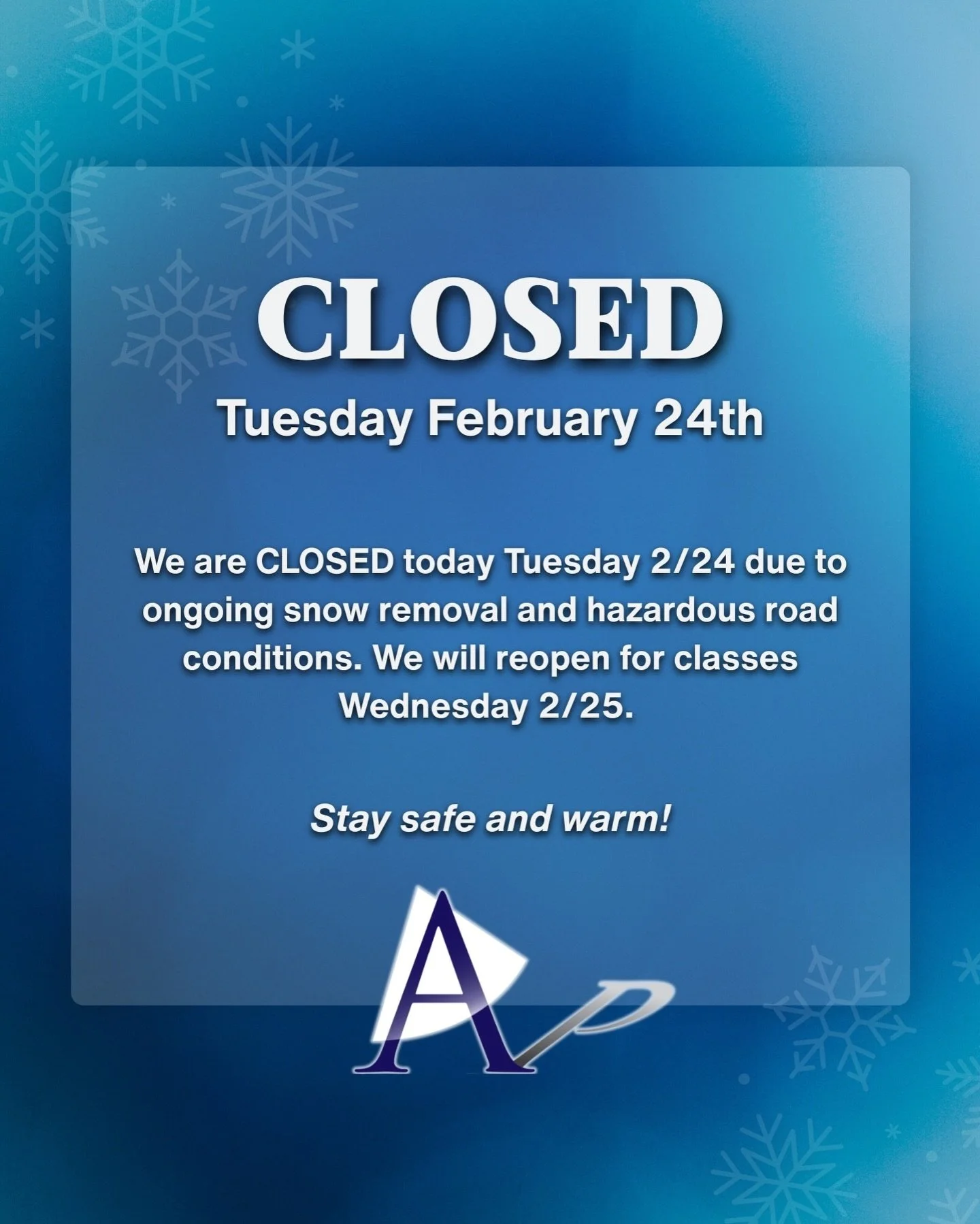 In the interest of safety for our students, families, and staff, we will remain CLOSED today Tuesday, February 24th. We will reopen tomorrow Wednesday, February 25th. 

Please email us to schedule a make up class at your convenience. Make up credits 