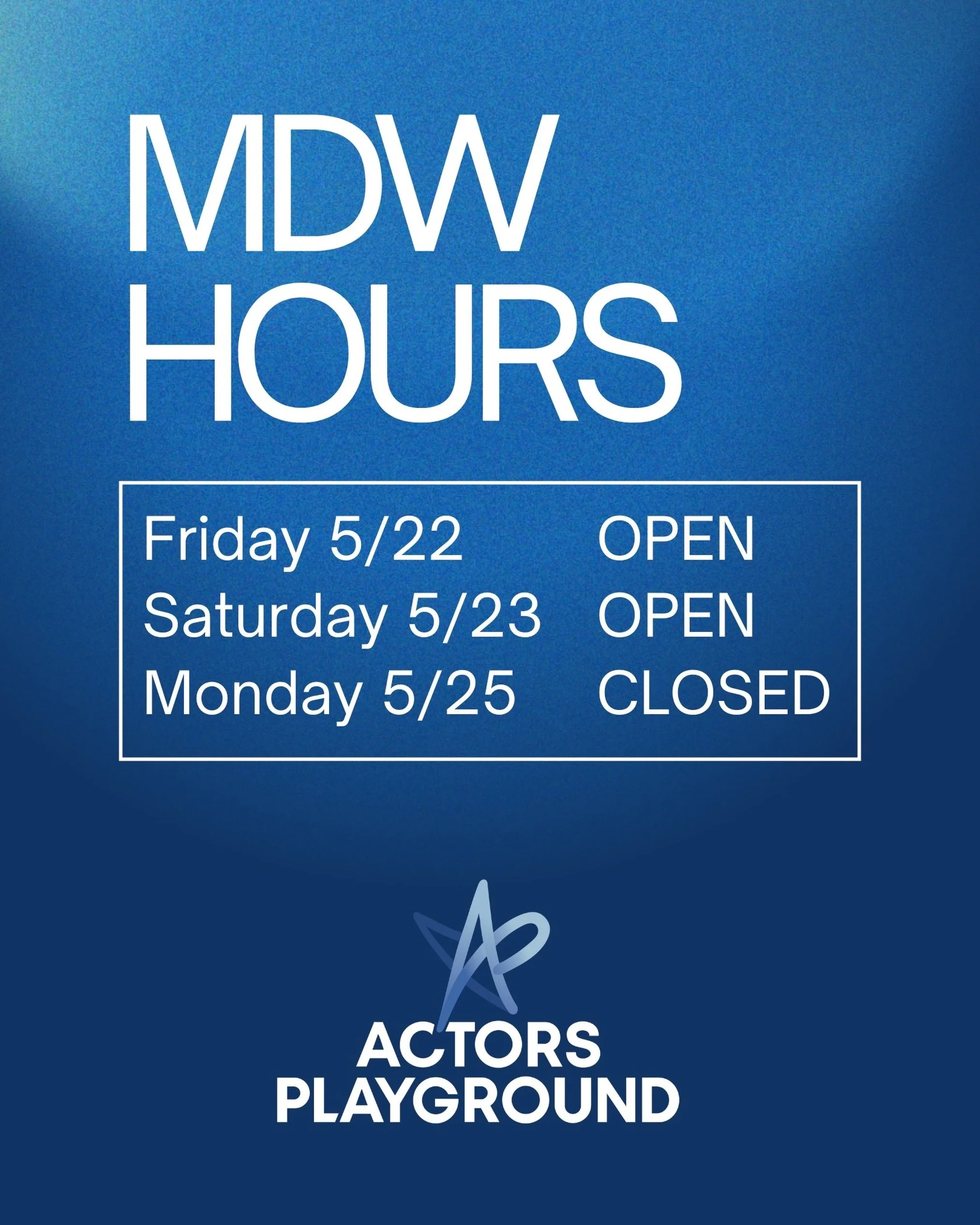 Memorial Day Weekend Hours ‼️

🔹 We are OPEN for class Friday 5/22 &amp; Saturday 5/23 
🔹 We are CLOSED Monday 5/25 
📧 Email us to schedule a make up class: contact@actorsplay.com

We hope everyone enjoys the holiday weekend!