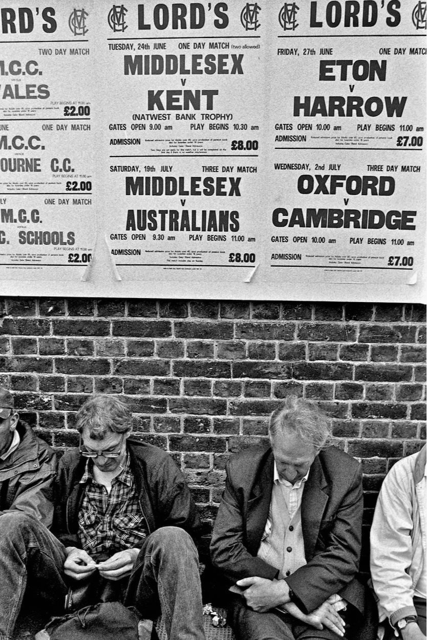 Homeless & unemployed men waiting for cleaning jobs, Lord’s, June 1997