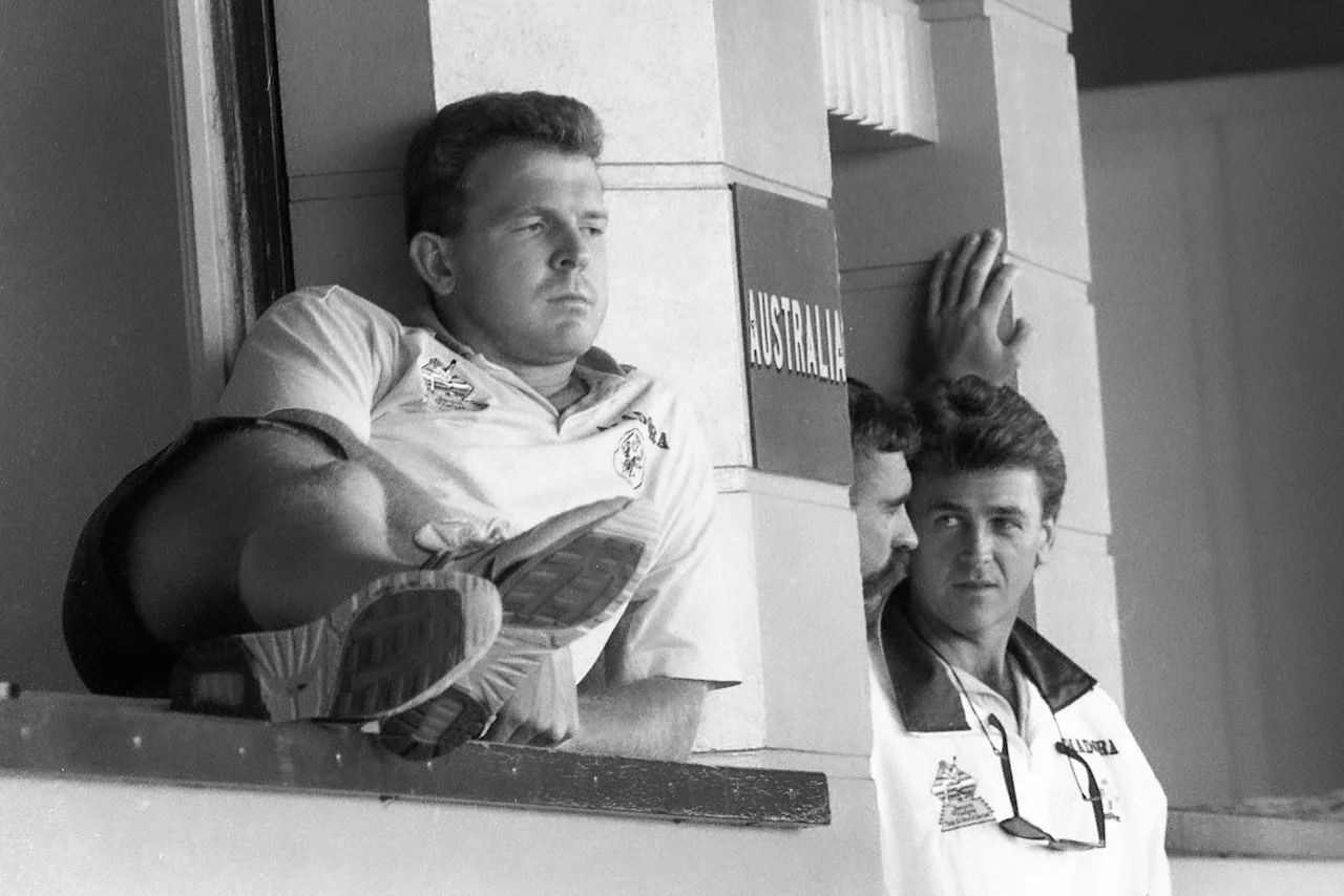 Craig McDermott, with Merv Hughes and physio Errol Alcott, Fourth Test v South Africa, Adelaide Oval, January 1992