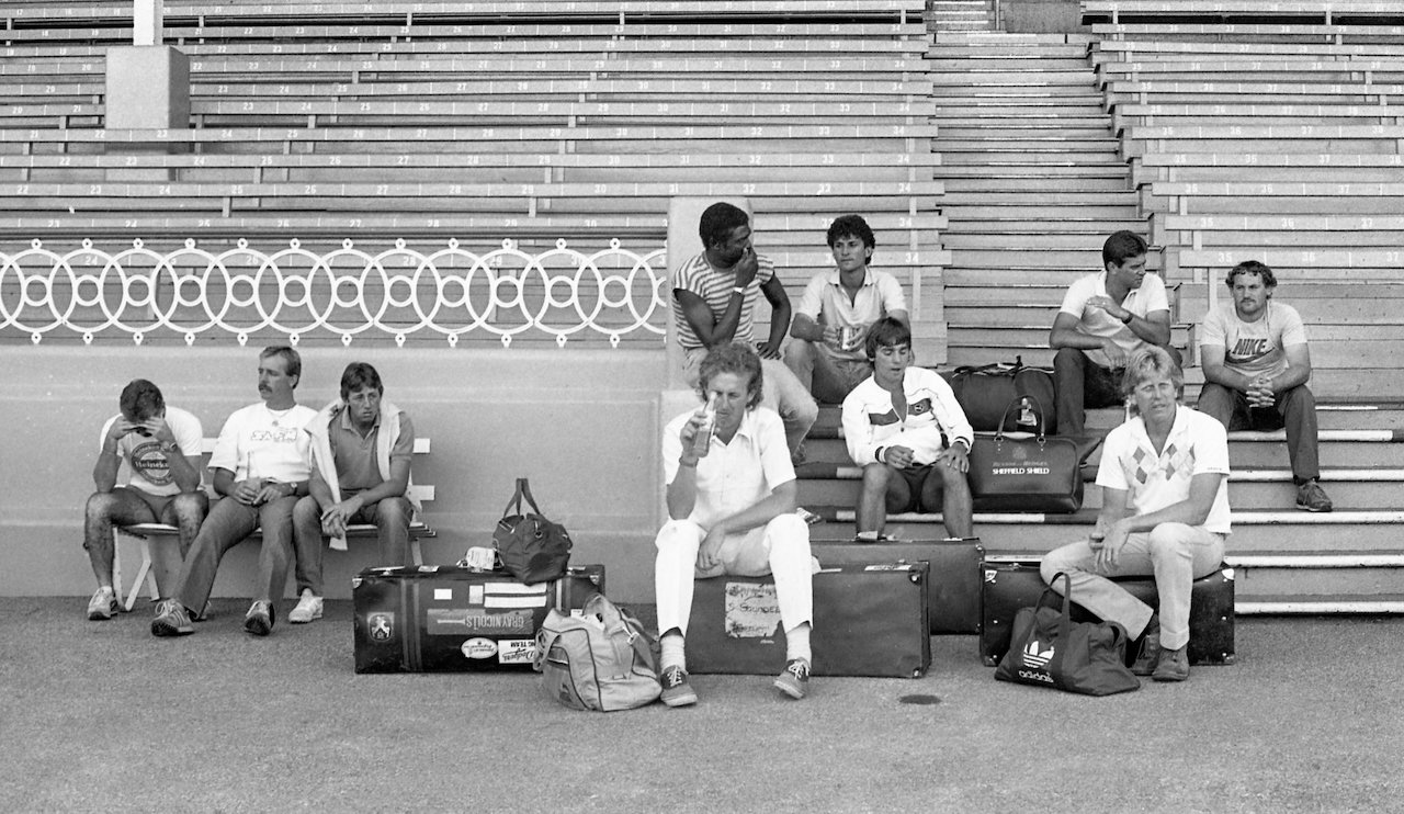 The Tasmanian players wait for taxis to return to the team hotel, end of a drawn match v South Australia, Adelaide Oval, November 1984 